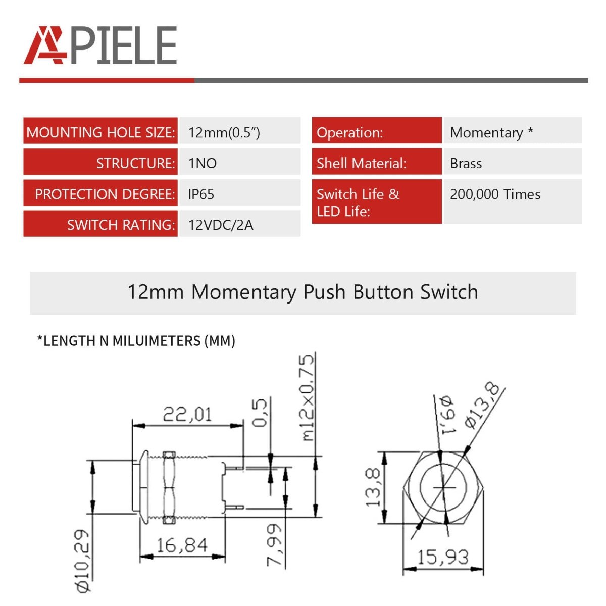 12mm Momentary Push Button Switch 1NO Brass Shell Pre-Wired High Round Head - NO- 12mm Momentary Push Button Switch 1NO Brass Shell Pre-Wired High Round Head - NO-