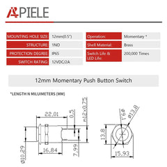 12mm Momentary Push Button Switch 1NO Brass Shell Pre-Wired High Round Head - NO- 12mm Momentary Push Button Switch 1NO Brass Shell Pre-Wired High Round Head - NO-