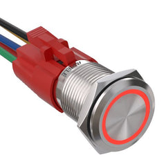 16mm Latching Push Button Switch On Off Stainless Steel with LED with Wire Socket Plug Self-Locking - Red/Stainless steel-Flat Head