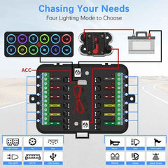 APIELE 12 Gang Multicolored Toggle Momentary Switch Panel, Electronic Relay System For Yachts Trucks Off-Road Vehicles RVs SUVs UTVs ATVs- IP68 Waterproof