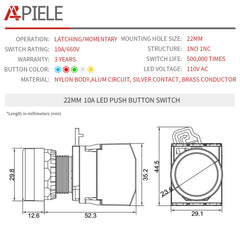 APIELE 22mm Latching/Momentary Push Button Switch Metal Head Plastic Body 110V AC/DC Led 1NO 1NC