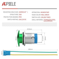 APIELE 16mm 19mm 22mm 10A Mushroom Head Momentary Push Button Switch IP65 Waterproof SPST 1NO Push Button 12V 24V 36V DC 110V 250V AC 10A