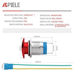 APIELE 16mm 19mm 22mm 10A Mushroom Head Momentary Push Button Switch IP65 Waterproof SPST 1NO Push Button 12V 24V 36V DC 110V 250V AC 10A