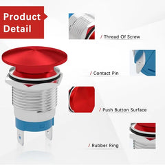 APIELE 16mm 19mm 22mm 10A Mushroom Head Momentary Push Button Switch IP65 Waterproof SPST 1NO Push Button 12V 24V 36V DC 110V 250V AC 10A