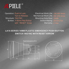 16mm Red Mushroom Emergency Stop Push Button Switch 250V 5 Amp LA16 Series