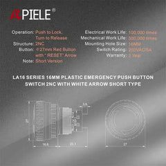 16mm Red Mushroom Emergency Stop Push Button Switch 250V 5 Amp LA16 Series