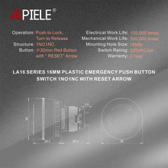 16mm Red Mushroom Emergency Stop Push Button Switch 250V 5 Amp LA16 Series