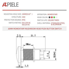 16mm 19mm 22mm Mushroom Head Push Button Switch Momentary Push Button IP65 Waterproof 12V 24V 36V DC 110V 250V AC 5A SPST