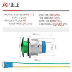 APIELE 16mm 19mm 22mm 10A Mushroom Head Momentary Push Button Switch IP65 Waterproof SPST 1NO Push Button 12V 24V 36V DC 110V 250V AC 10A