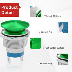 APIELE 16mm 19mm 22mm 10A Mushroom Head Momentary Push Button Switch IP65 Waterproof SPST 1NO Push Button 12V 24V 36V DC 110V 250V AC 10A