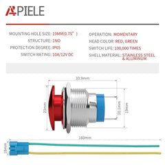 APIELE 16mm 19mm 22mm 10A Mushroom Head Momentary Push Button Switch IP65 Waterproof SPST 1NO Push Button 12V 24V 36V DC 110V 250V AC 10A