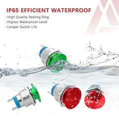 APIELE 16mm 19mm 22mm 10A Mushroom Head Momentary Push Button Switch IP65 Waterproof SPST 1NO Push Button 12V 24V 36V DC 110V 250V AC 10A
