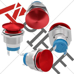 APIELE 16mm 19mm 22mm 10A Mushroom Head Momentary Push Button Switch IP65 Waterproof SPST 1NO Push Button 12V 24V 36V DC 110V 250V AC 10A