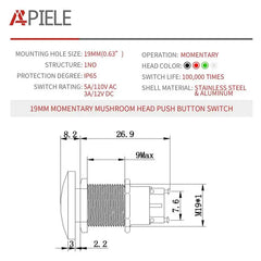 16mm 19mm 22mm Mushroom Head Push Button Switch Momentary Push Button IP65 Waterproof 12V 24V 36V DC 110V 250V AC 5A SPST