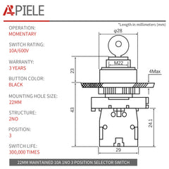 22MM 2/3 Position Maintained Rotary Key Switch 600V 10A 1NO/2NO Latching/Momentary