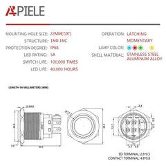 5 Amp 22mm Momentary Push Button Switch Ring Led Car Metal with Socket Plug 1NO1NC SPDT ON/Off