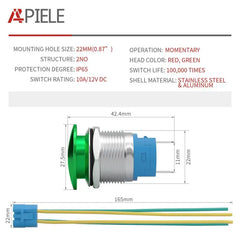 APIELE 16mm 19mm 22mm 10A Mushroom Head Momentary Push Button Switch IP65 Waterproof SPST 1NO Push Button 12V 24V 36V DC 110V 250V AC 10A