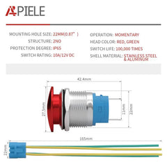 APIELE 16mm 19mm 22mm 10A Mushroom Head Momentary Push Button Switch IP65 Waterproof SPST 1NO Push Button 12V 24V 36V DC 110V 250V AC 10A