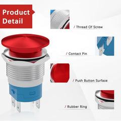 APIELE 16mm 19mm 22mm 10A Mushroom Head Momentary Push Button Switch IP65 Waterproof SPST 1NO Push Button 12V 24V 36V DC 110V 250V AC 10A
