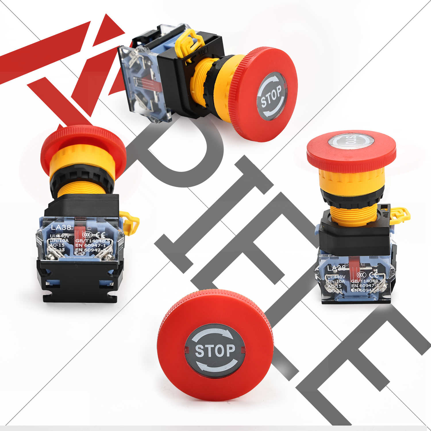 22mm 2NC Red Stop Singal 600V 10 Amp Mushroom Emergency Stop Push Button Switch with four different angles