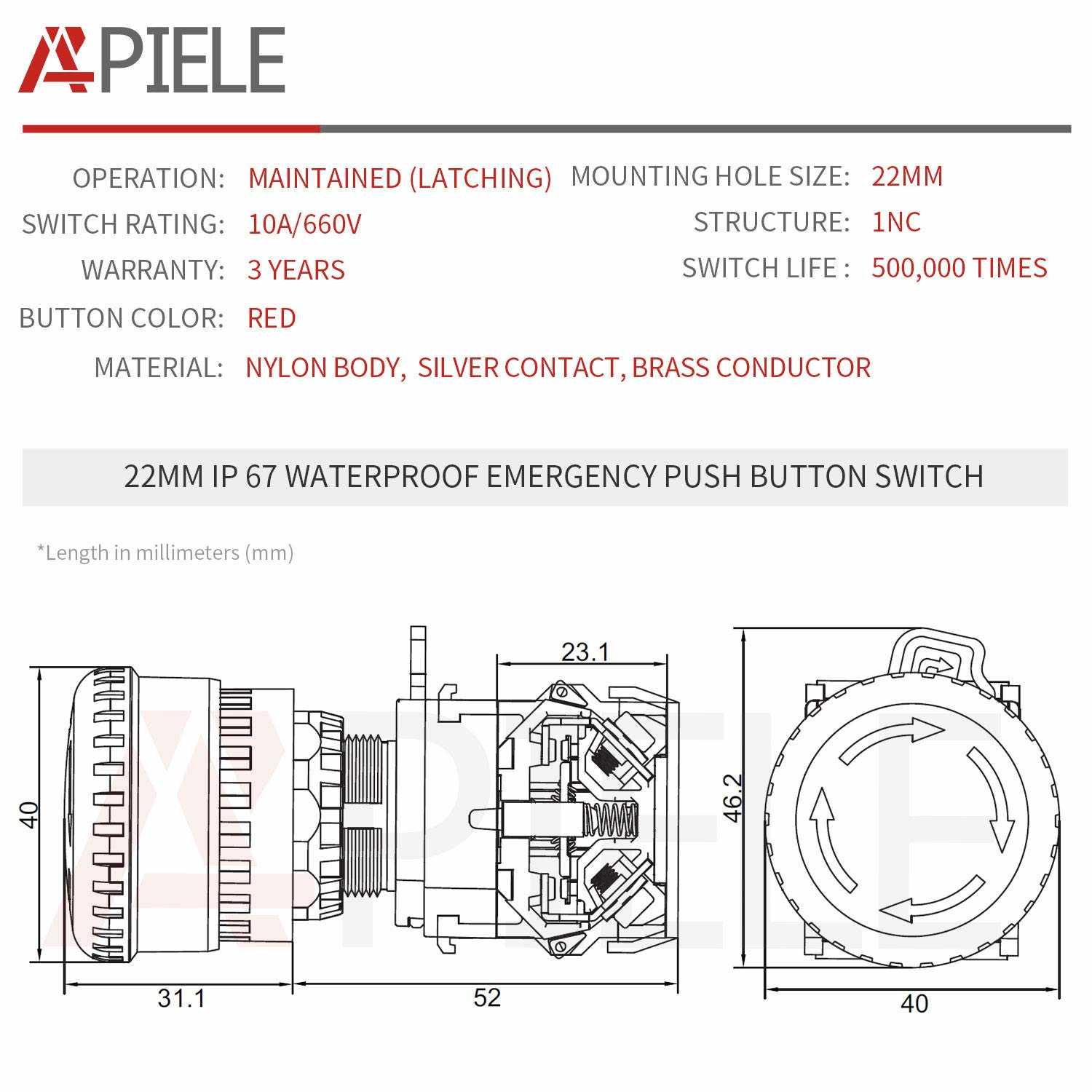 22mm Emergency Push Button Switch Used In IP67 Out Door technical parameters and dimension drawings