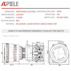 22mm Emergency Push Button Switch Used In IP67 Out Door technical parameters and dimension drawings
