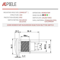 16mm 19mm 22mm Mushroom Head Push Button Switch Momentary Push Button IP65 Waterproof 12V 24V 36V DC 110V 250V AC 5A SPST