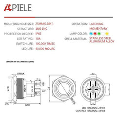 10 Amp 25mm Momentary Push Button Switch Angel Eye LED Waterproof Stainless Steel Round Self-Reset 1'' 1NO 1NC