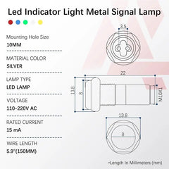 APIELE 5PCS LED Indicator Light 10mm Waterproof IP65 Metal Signal Lamp  AC/DC with 150mm Wire for Car Truck Boat