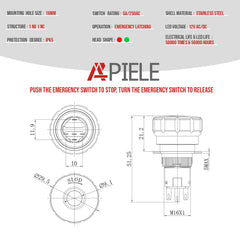 16mm Emergency Stop Pushbutton Switch LED 1NO1NC 250V 5A Red IP67 with Quickconnect Terminals