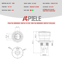 19mm Emergency Stop Pushbutton Switch LED 1NO1NC 250V 5A Red IP67 with Quickconnect Terminals