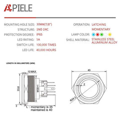 30mm Momentary Push Button Switch Angel Eye LED Waterproof Stainless Steel Round Self-Locking 1.18'' 1NO 1NC