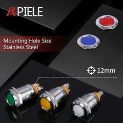 12mm Indicator Light 1/2" Waterproof IP67 Metal Signal Lamp AC/DC LED Pilot Dash Lamp Concave Head for Car Truck Boat (Multi-colored, 12mm)