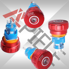 16mm Emergency Stop Pushbutton Switch LED 1NO1NC 250V 5A Red IP67 with Quickconnect Terminals