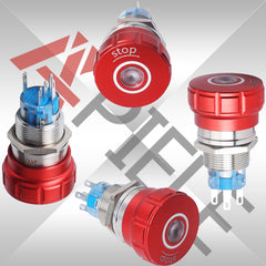 19mm Emergency Stop Pushbutton Switch LED 1NO1NC 250V 5A Red IP67 with Quickconnect Terminals
