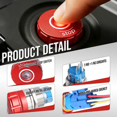 22mm Emergency Stop Pushbutton Switch LED 1NO1NC 250V 5A Red IP67 with Quickconnect Terminals