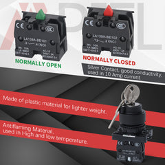 22MM 2/3 Position Maintained Rotary Key Switch 600V 10A 1NO/2NO Latching/Momentary