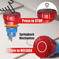 16mm 19mm 22mm Emergency Stop Pushbutton Switch 1NO1NC 250V 5A Red with Quickconnect Terminals