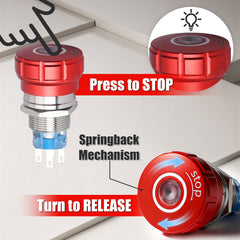 22mm Emergency Stop Pushbutton Switch LED 1NO1NC 250V 5A Red IP67 with Quickconnect Terminals