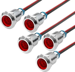 APIELE 5PCS LED Indicator Light 10mm Waterproof IP65 Metal Signal Lamp  AC/DC with 150mm Wire for Car Truck Boat
