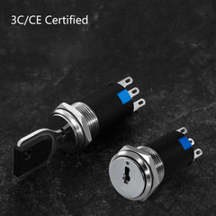 16mm Latching Stainless Steel 2/3 Position Key Switch