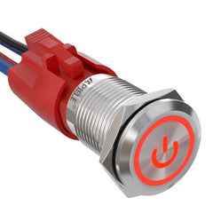 10 Amp 16mm Latching Push Button Switch LED Waterproof Stainless Steel Round Self-Locking 1NO Contact - Red/Stainless steel-Power Logo