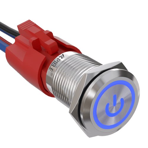 10 Amp 16mm Momentary Push Button Switch On Off with LED Angel Eye Head and Wire Socket Self-Reset - Blue/Stainless steel-Power Logo