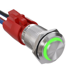 10 Amp 16mm Momentary Push Button Switch On Off with LED Angel Eye Head and Wire Socket Self-Reset - Green/Stainless steel-High Head