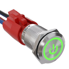 10 Amp 16mm Momentary Push Button Switch On Off with LED Angel Eye Head and Wire Socket Self-Reset - Green/Stainless steel-Power Logo