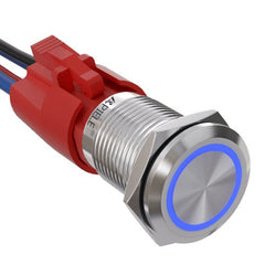 10 Amp 16mm Momentary Push Button Switch On Off with LED Angel Eye Head and Wire Socket Self-Reset - Blue/Stainless steel-Flat Head