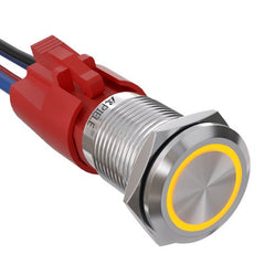10 Amp 16mm Momentary Push Button Switch On Off with LED Angel Eye Head and Wire Socket Self-Reset - Yellow/Stainless steel-Flat Head