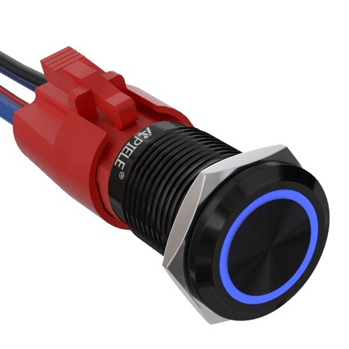 10 Amp 16mm Momentary Push Button Switch On Off with LED Angel Eye Head and Wire Socket Self-Reset - Blue/Aluminum alloy-Flat Head