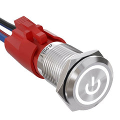 10 Amp 16mm Momentary Push Button Switch On Off with LED Angel Eye Head and Wire Socket Self-Reset - White/Stainless steel-Power Logo
