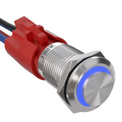 10 Amp 16mm Momentary Push Button Switch On Off with LED Angel Eye Head and Wire Socket Self-Reset - Blue/Stainless steel-High Head